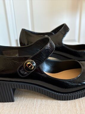 Dior Black Patent Mary Jane Chunky Heel with Gold Logo Accent